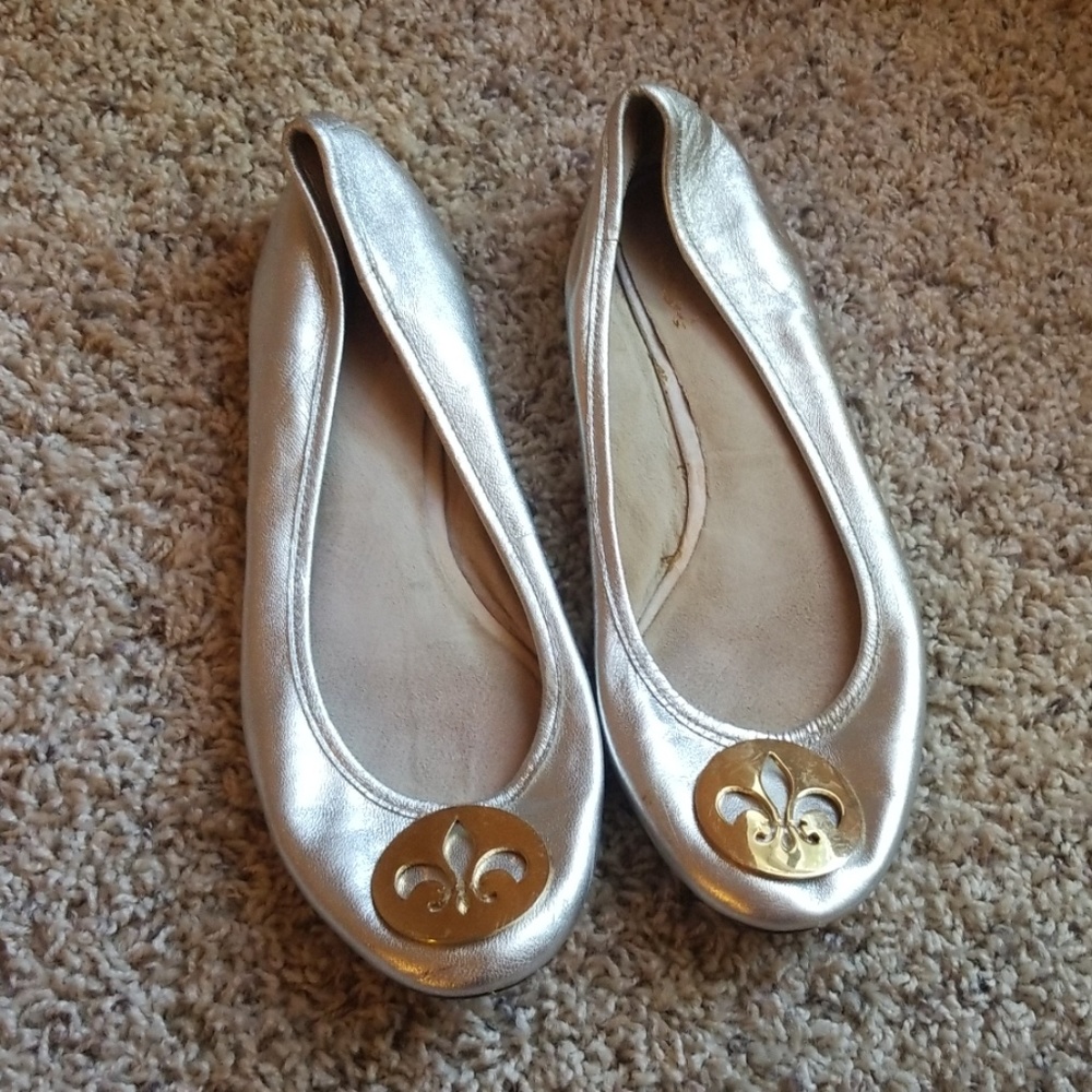Silver Leather Flats with Gold Accent Sz 7